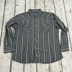 Vintage Gray Western Wrangler Striped Cowboy Pearl Snap Button Down Shirt